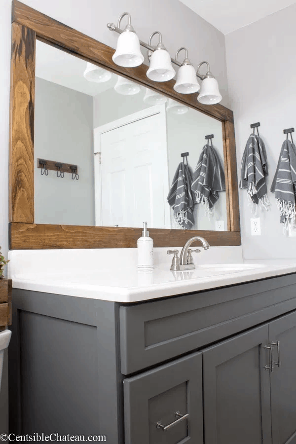 DIY Wood Frame on Builder's Grade Bathroom Mirror